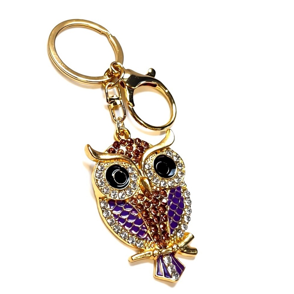 Gold Tone Purple Rhinestone Owl Keychain Bag Purse Charm Backpack Sparkle 4.25"